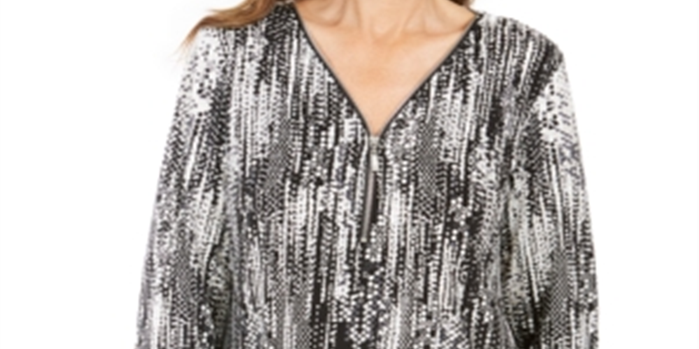 JM Collection Women's Printed Zipper Neck Tunic Black Size Small