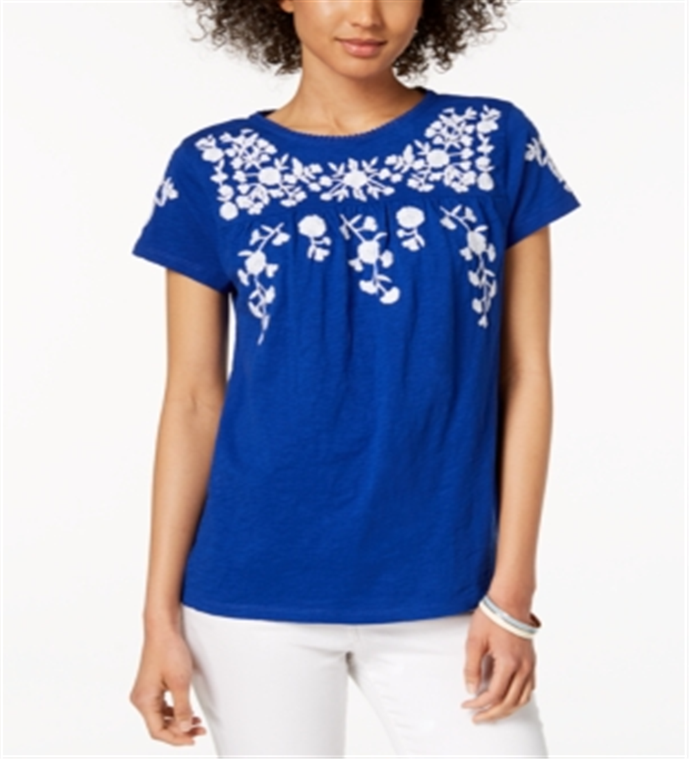 Charter Club Women's Cotton Floral Print T-Shirt Blue Size X-Large
