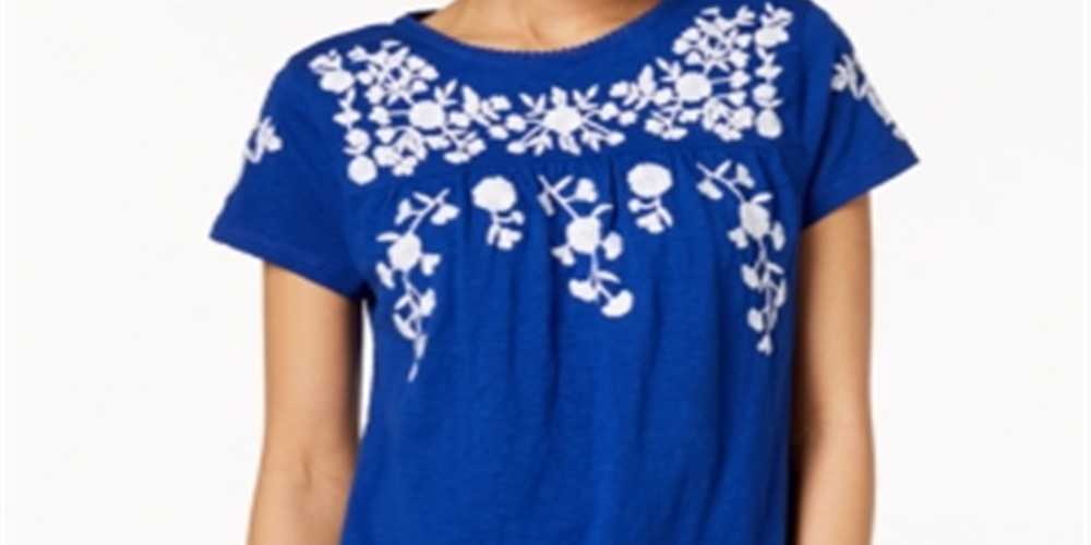 Charter Club Women's Cotton Floral Print T-Shirt Blue Size X-Large