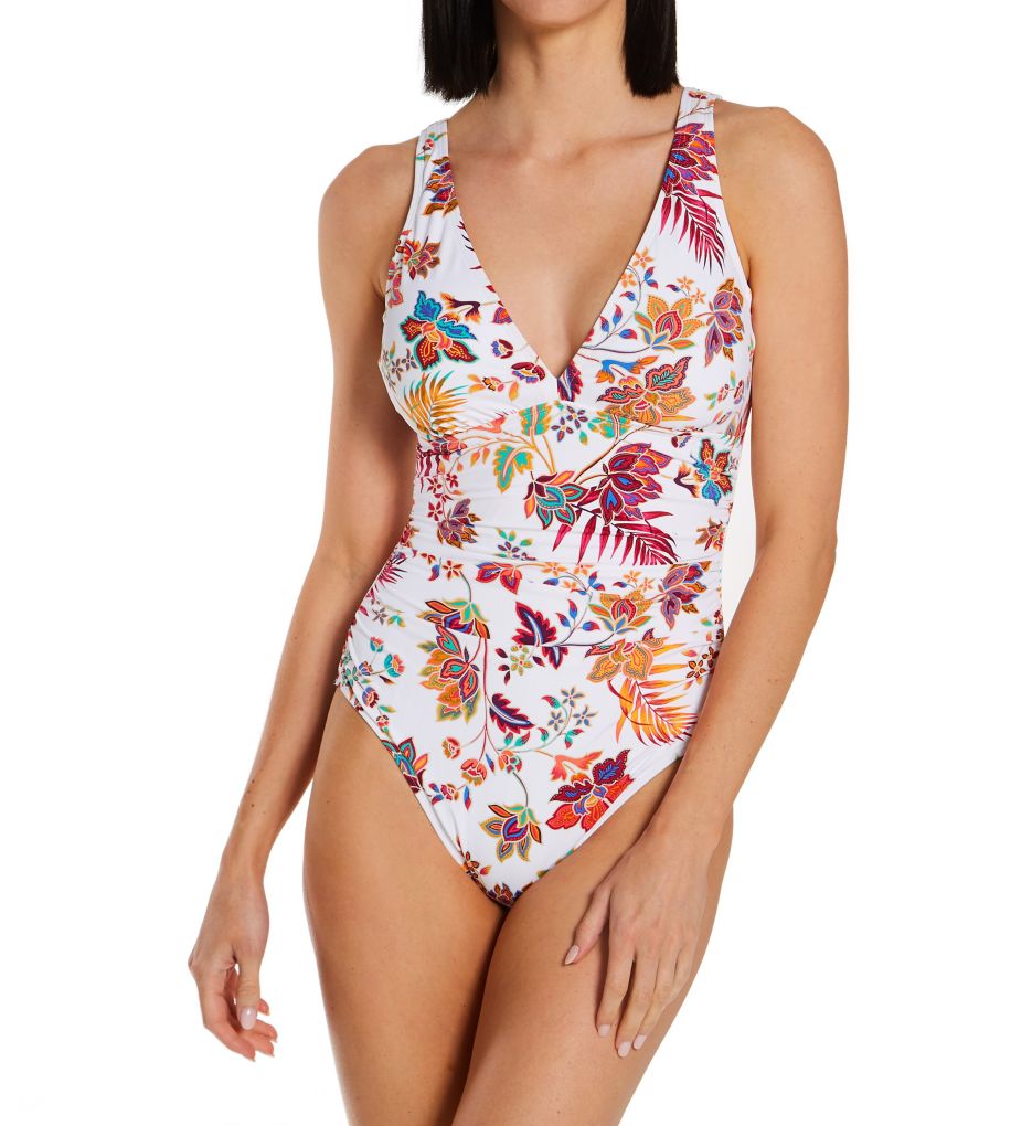 Ralph Lauren Women's Jacobean Floral OTS Underwire One Piece Swimsuit White- Size 8