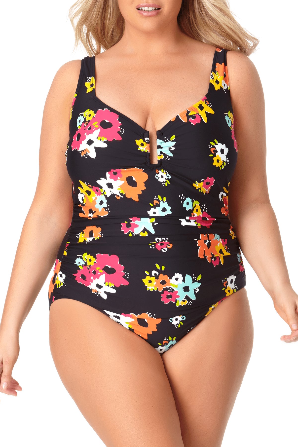 Anne Cole Women's  U Trim One Piece Swimsuit Black Multi Size 18W