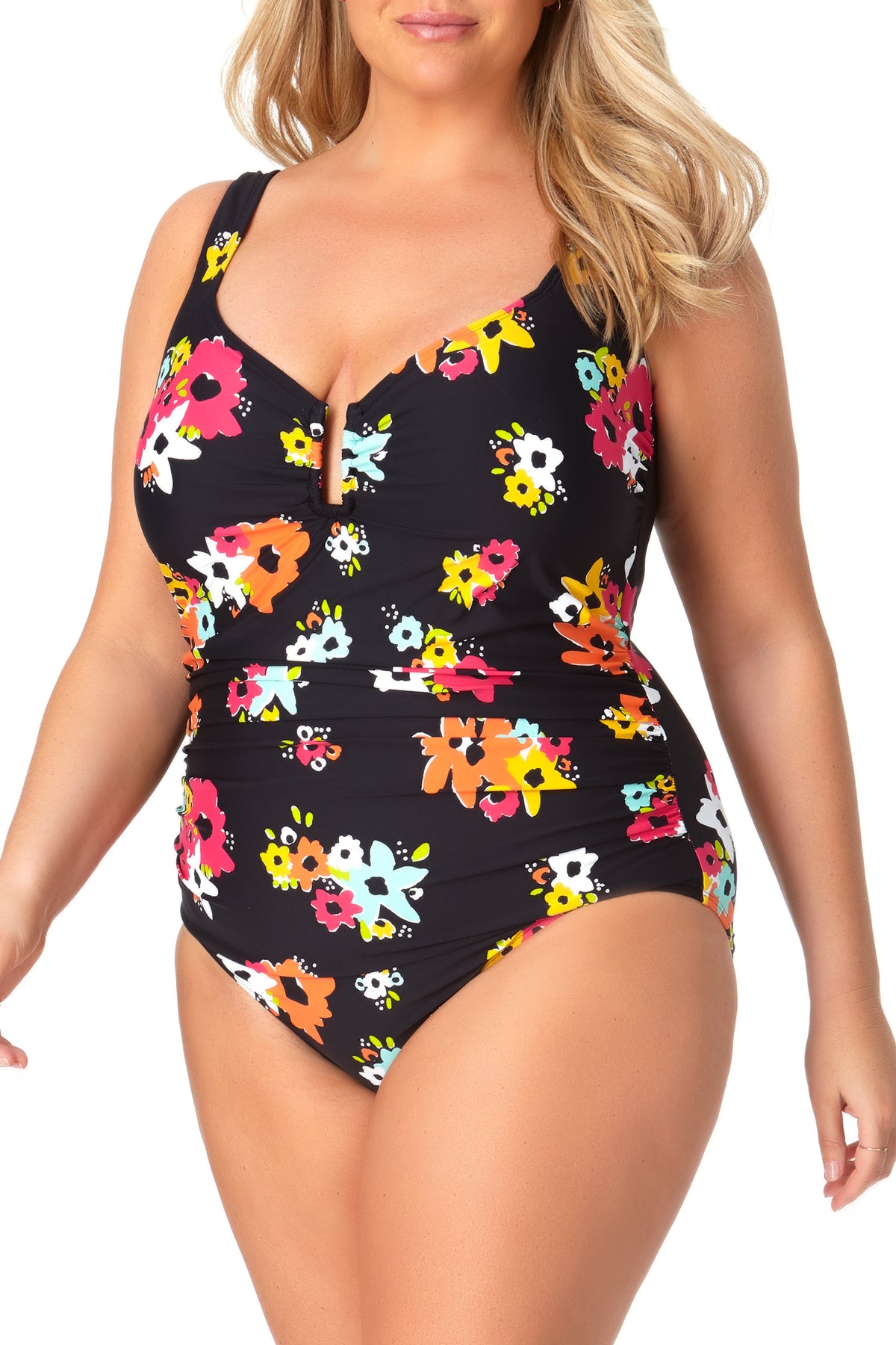 Anne Cole Women's  U Trim One Piece Swimsuit Black Multi Size 18W