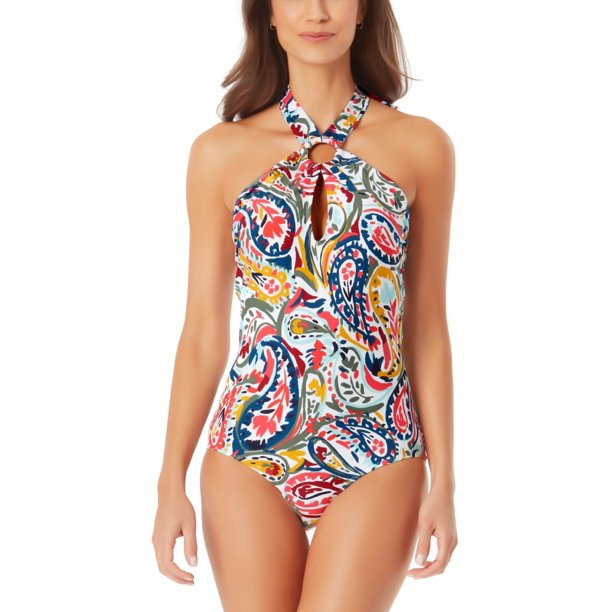 Anne Cole Women's Paisley Stretch Push up Cut Out Tie Lined Full Coverage Ring High Neck One Piece Swimsuit Red Size 12