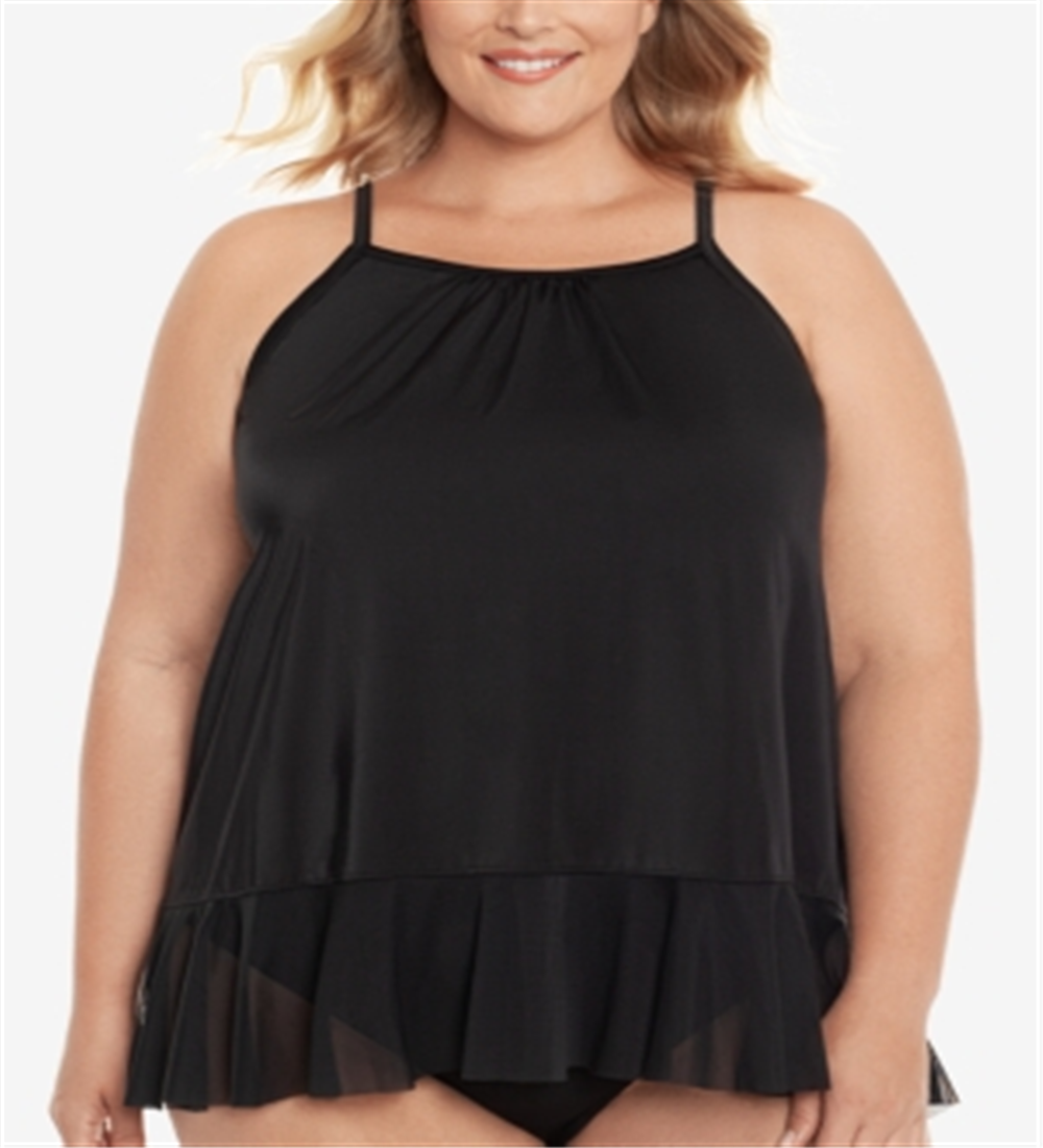 Swim Solutions Women's Plus Pleated Tankini Top Swimsuit Black