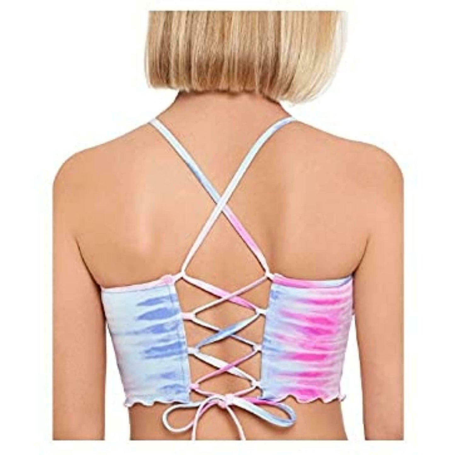 Miken Junior's Lace up Back High Neck Swim Top Multi Tie Dye Size Medium