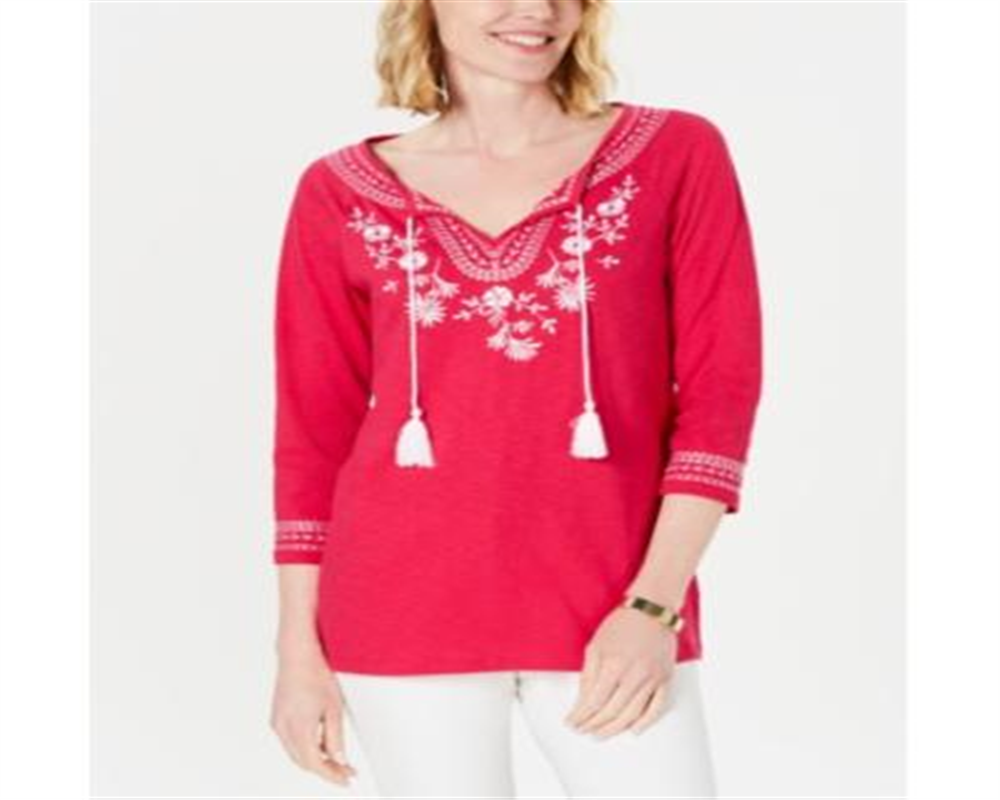 Charter Club Women's Embroidered Slub Top Pink Size Petite L