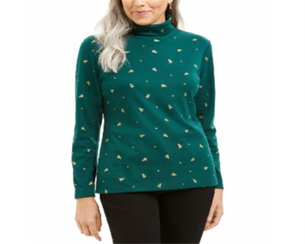 Karen Scott Women's Tree Printed Turtleneck Top Green Size Large