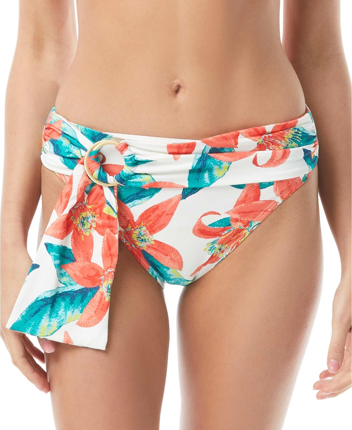 Vince Camuto Women's Floral Print Belted Bikini Bottoms Swimsuit White Size Small