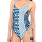 Jessica Simpson Women's Contemporary Batik Babe V Neck Maillot One Piece with Adjustable Side Ties Swimsuit Blue Size Medium