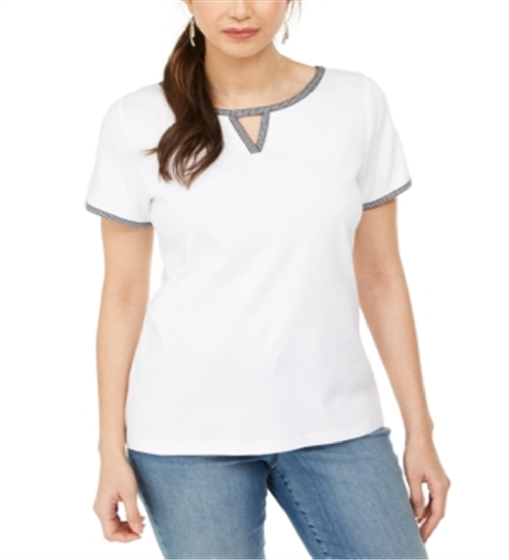 Karen Scott Women's Contrast Trim Keyhole Top White Size Medium