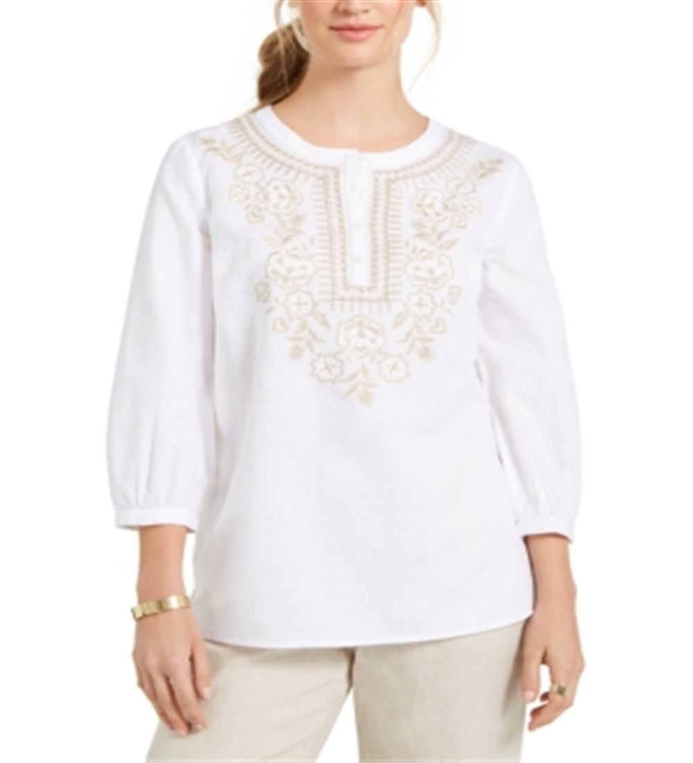 Charter Club Women's Metallic Embroidery Linen Blend Tunic White Size Small