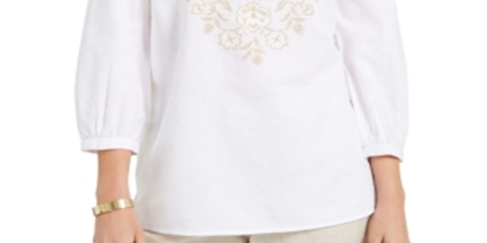 Charter Club Women's Metallic Embroidery Linen Blend Tunic White Size Small