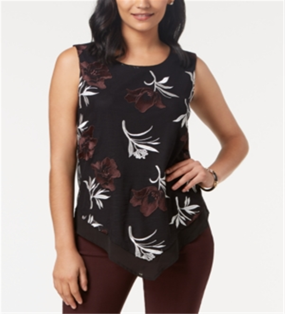 Alfani Women's Printed Embroidered Pointed Hem Top Black Size Petite Small