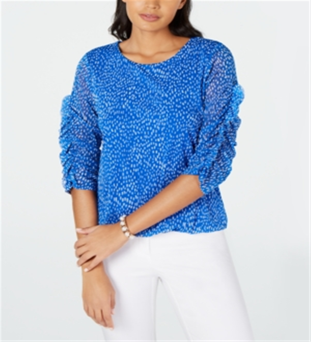 Alfani Women's Printed Ruched Sleeve Mesh Bubble Top Blue Size Petite L