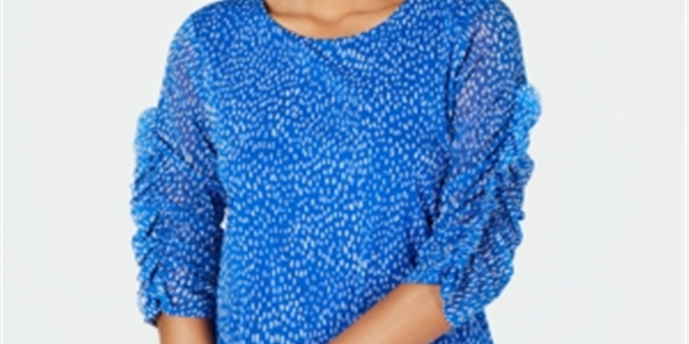 Alfani Women's Printed Ruched Sleeve Mesh Bubble Top Blue Size Petite L