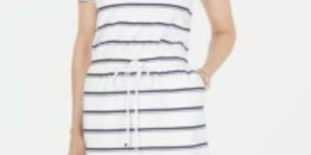 Charter Club Women's Striped Drawstring Dress Blue Size Small