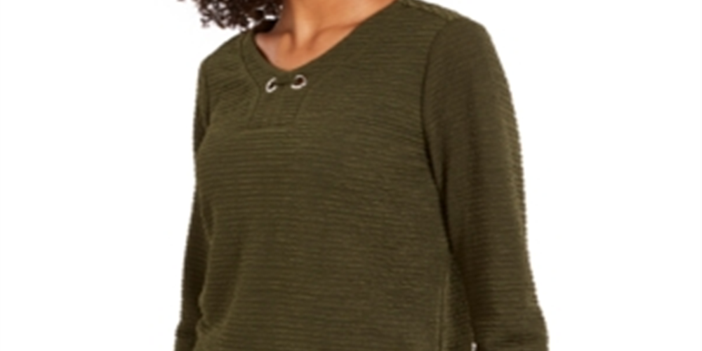 NY Collection Women's 3/4 Sleeve Textured Top Green Size Petite Medium