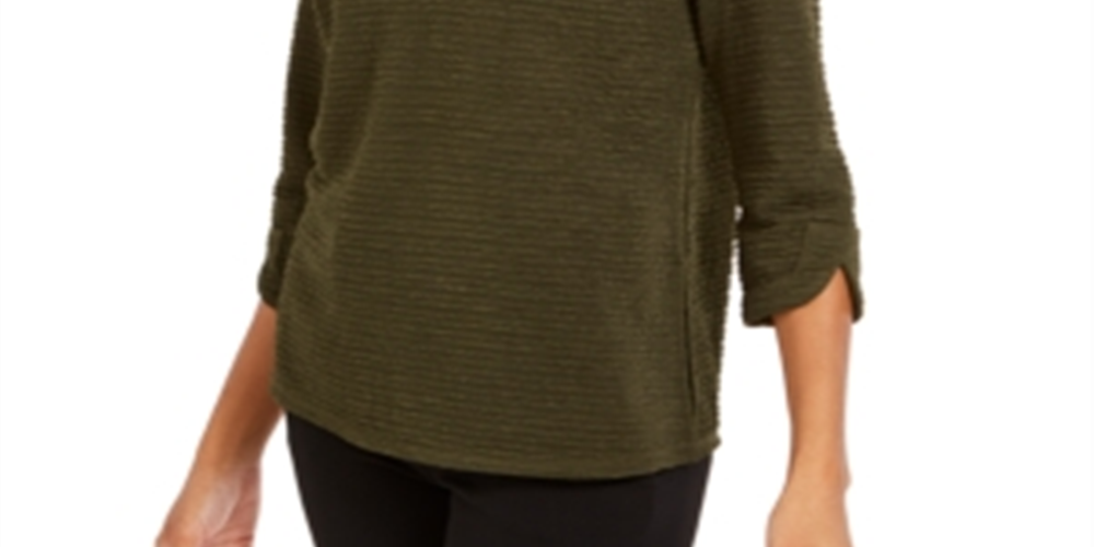 NY Collection Women's 3/4 Sleeve Textured Top Green Size Petite Medium