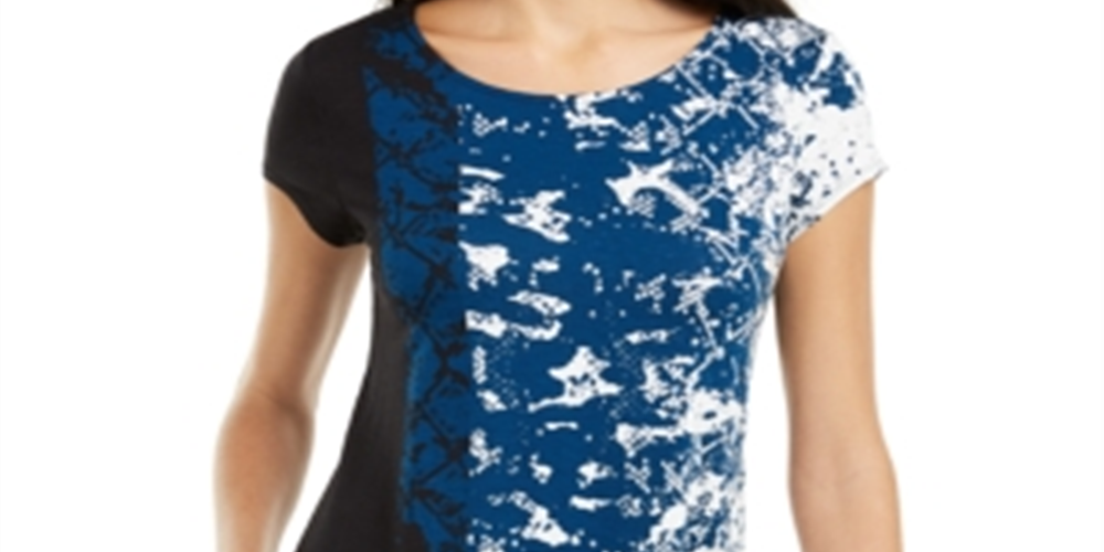 Alfani Women's Printed Round Hem T-Shirt Blue Size Petite Small