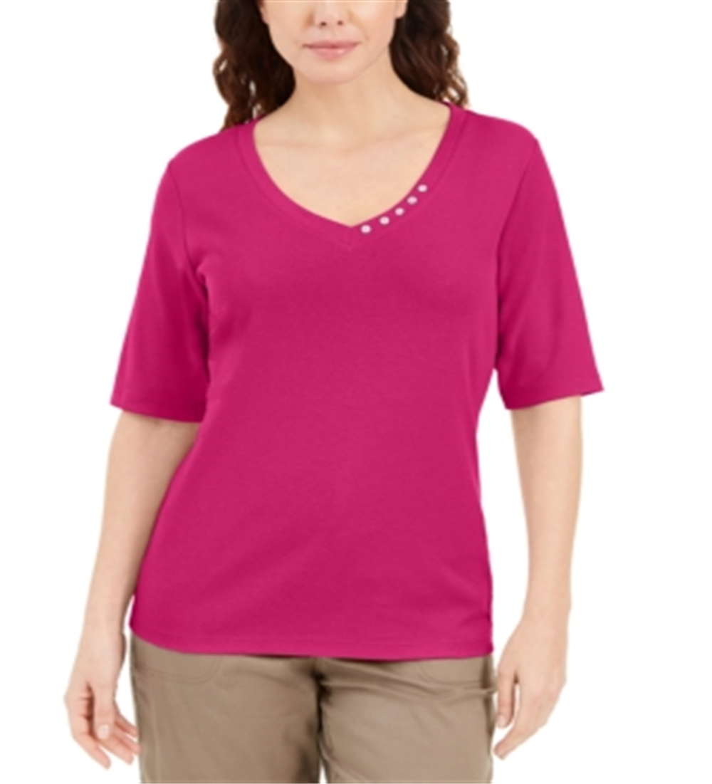 Karen Scott Women's Button Detail V Neck Top Pink Size Medium