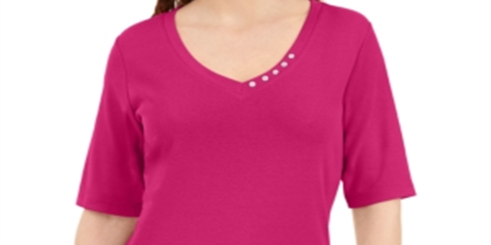 Karen Scott Women's Button Detail V Neck Top Pink Size Medium