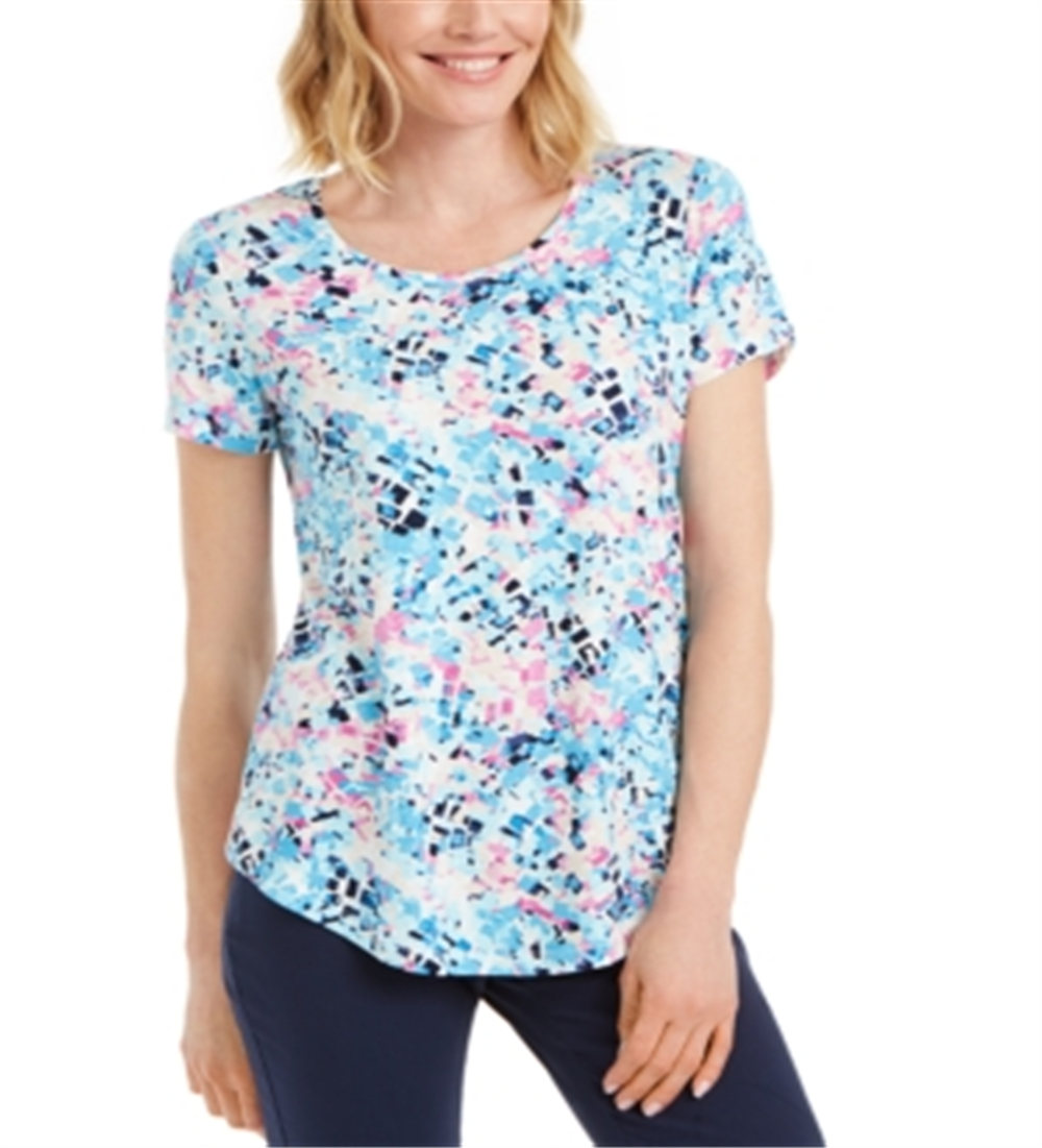 JM Collection Women's Printed Scoop-Neck T-Shirt Blue Size Medium