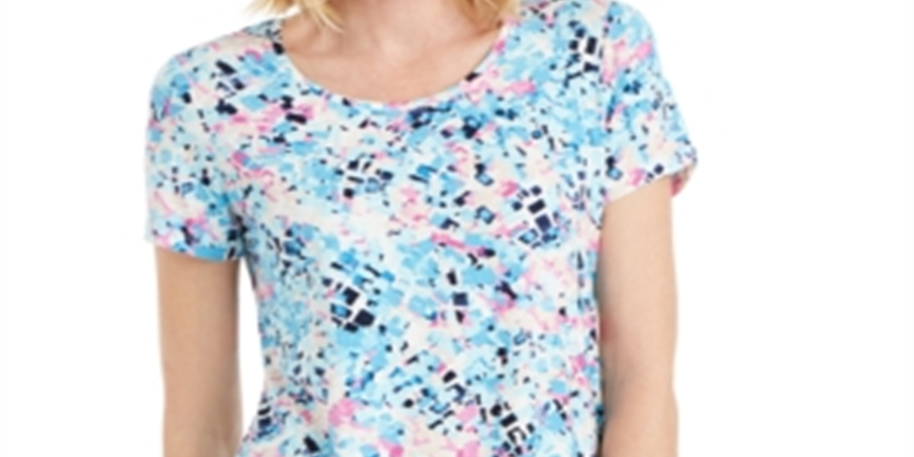 JM Collection Women's Printed Scoop-Neck T-Shirt Blue Size Medium