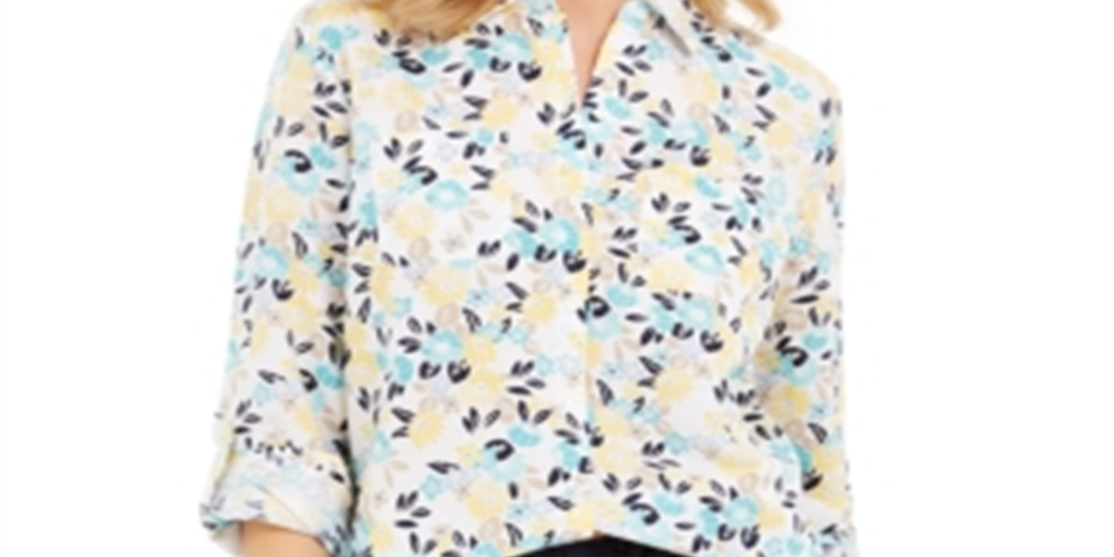 Charter Club Women's Printed Button Front Linen Blend Top White Size Petite S