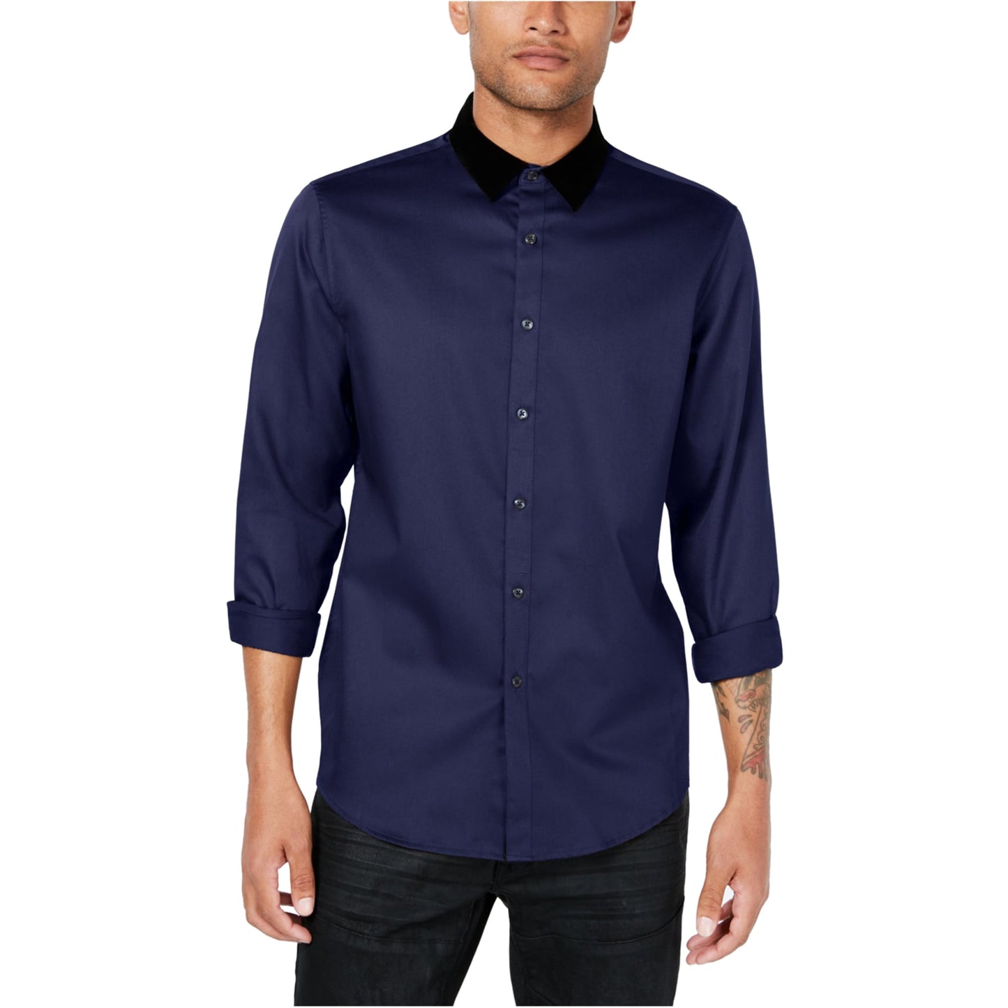 INC International Concepts Men's Velvet Collar Button up Shirt Navy Size Large