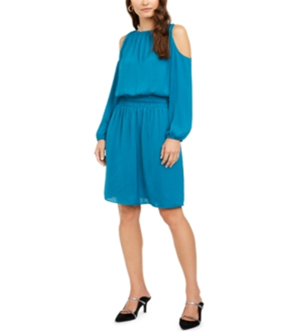 Alfani Women's Smocked Cold Shoulder Dress Blue Size Medium