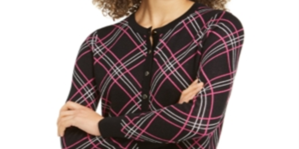 Charter Club Women's Plaid Cardigan Sweater Black Size Small