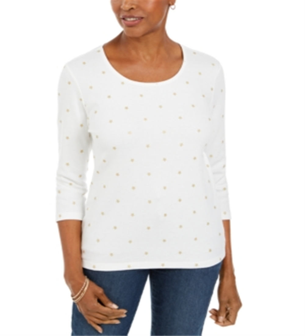 Karen Scott Women's Glitter Star Print Shirt White Size Petite L