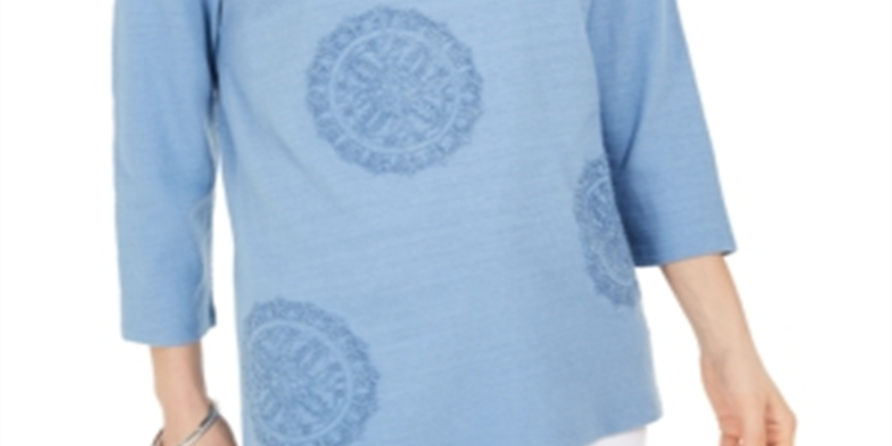 Charter Club Women's 3/4 Sleeve Printed Top Blue Size Medium