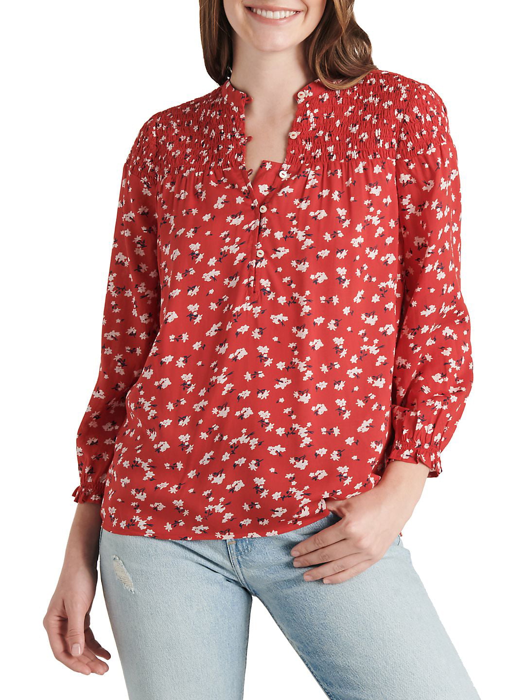 Lucky Brand Women's Floral Smocked Blouse Red Size Small