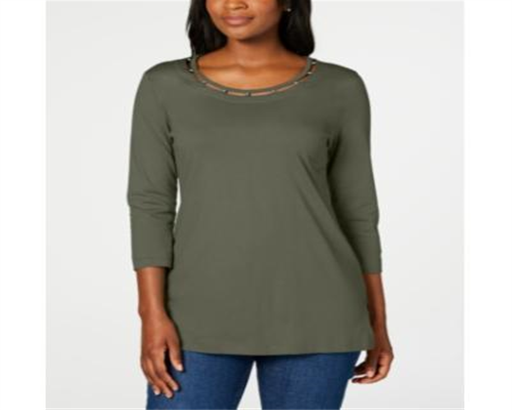 Karen Scott Women's Beaded Top Green Size Medium