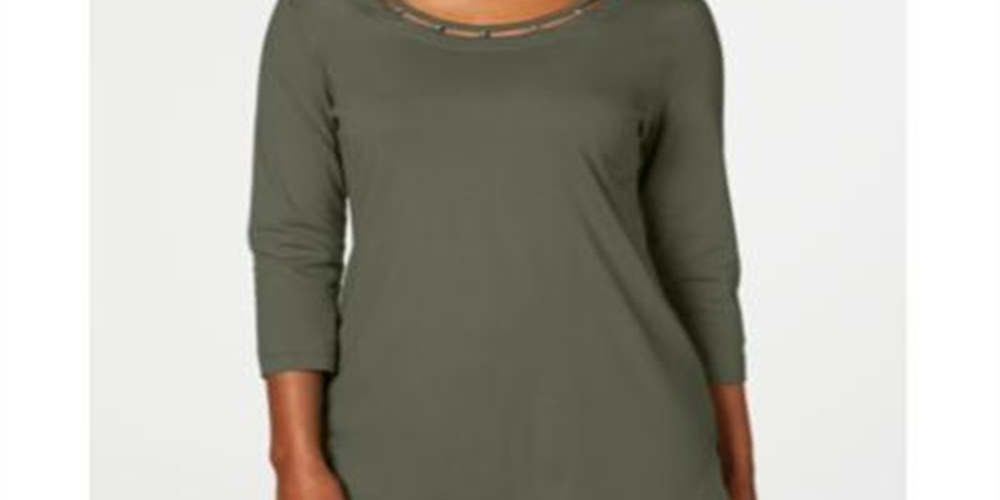 Karen Scott Women's Beaded Top Green Size Medium
