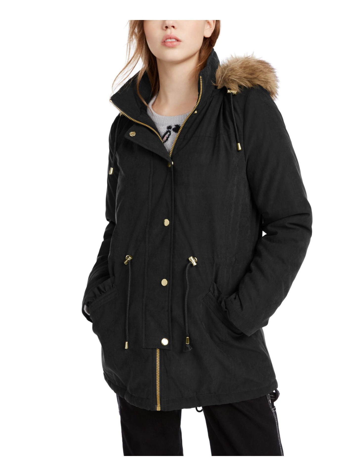 celebrity pink Women's Faux Fur Hood Parka Winter Jacket Coat Junior Black Size Large