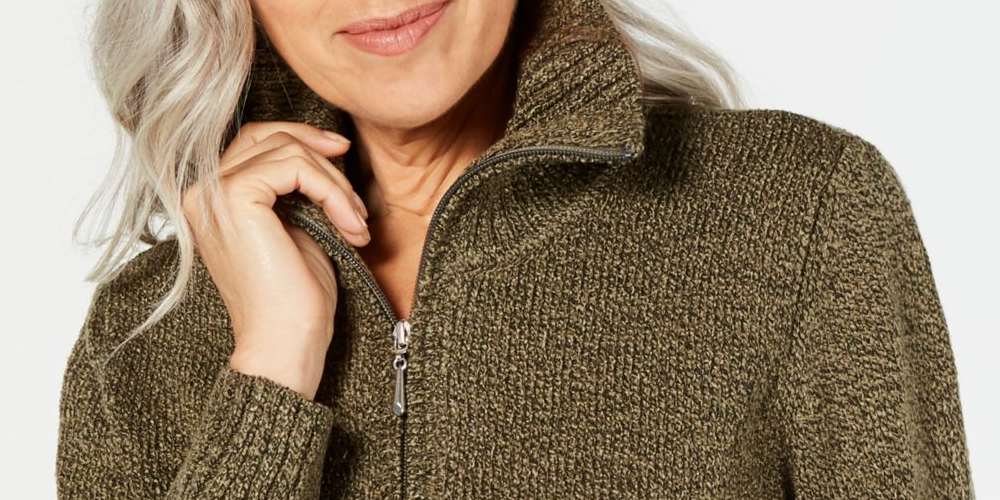 Karen ScottWomen's Wing Collar Zip Neck Sweater Green Size X-Small