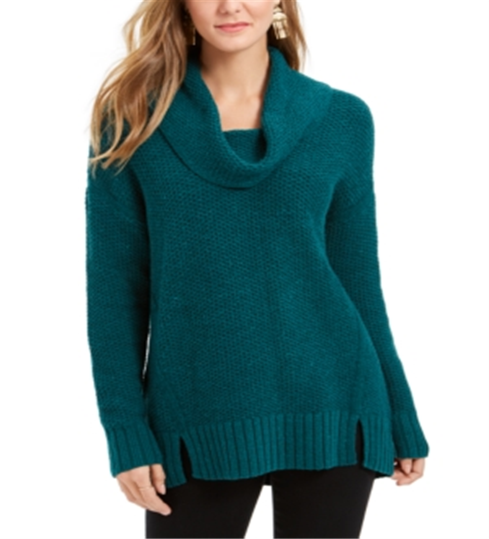 Style & Co Women's Cowl Neck Vented Hem Sweater Green Size Petite