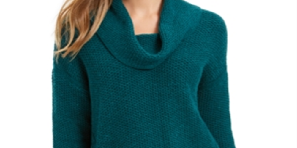 Style & Co Women's Cowl Neck Vented Hem Sweater Green Size Petite