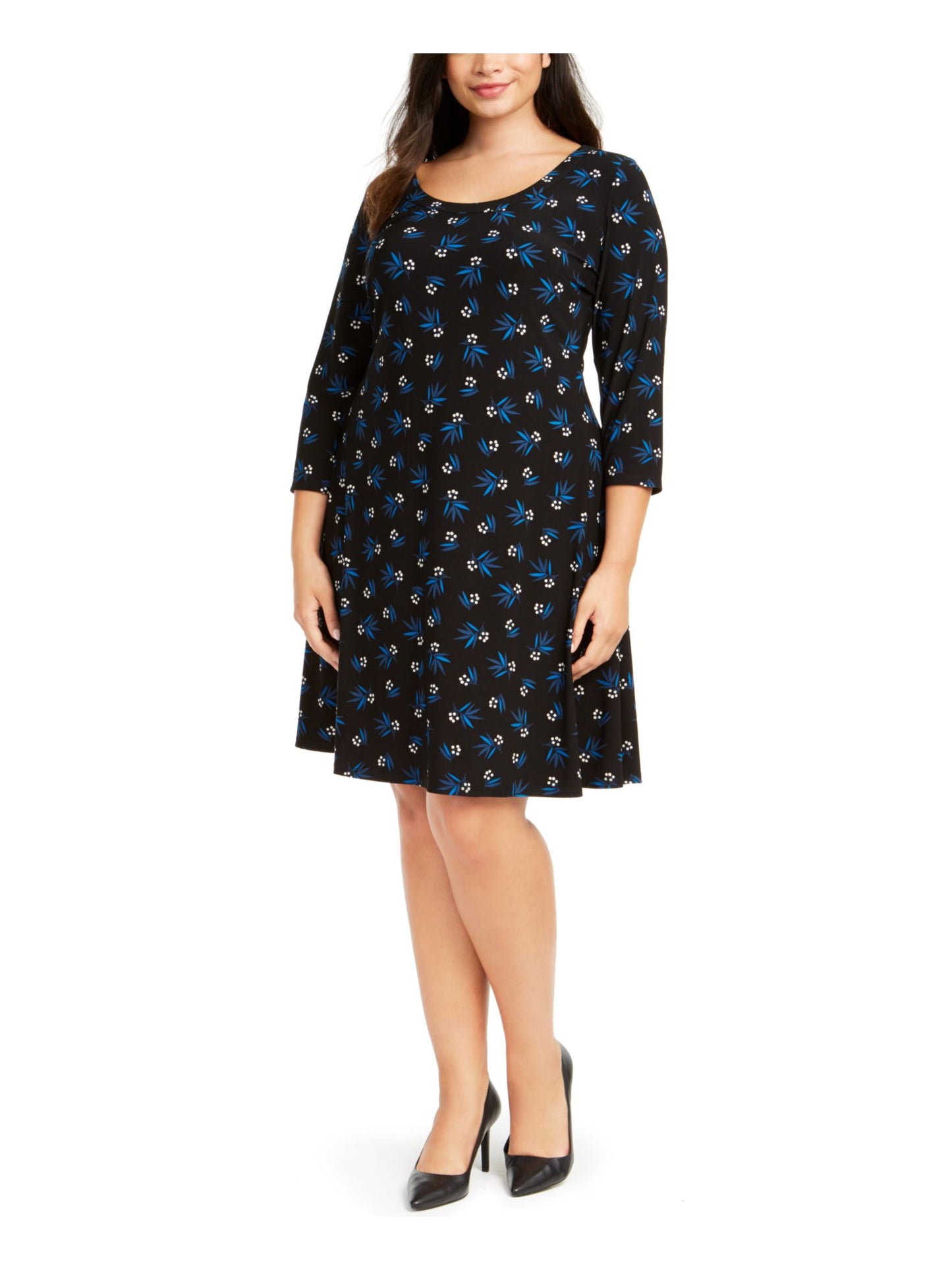 Anne Klein Women's 3/4 Sleeve Knee Length Fit Flare Dress Black Size 1X