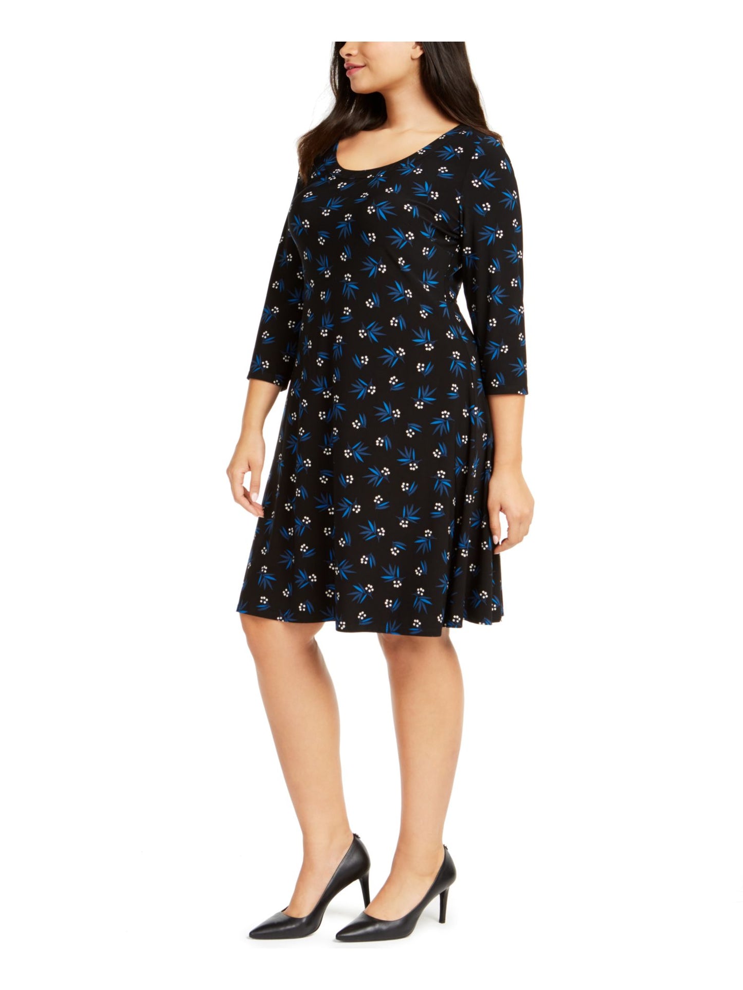 Anne Klein Women's 3/4 Sleeve Knee Length Fit Flare Dress Black Size 1X