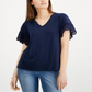 Charter Club Women's Lace Trim V Neck Top Blue Size Large