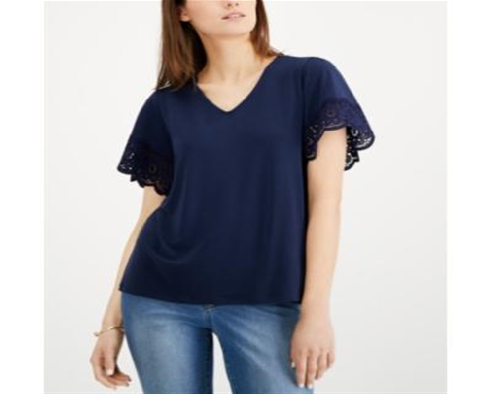 Charter Club Women's Lace Trim V Neck Top Blue Size Large
