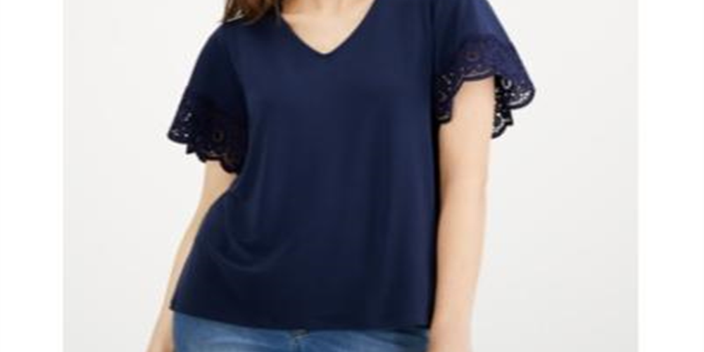 Charter Club Women's Lace Trim V Neck Top Blue Size Large