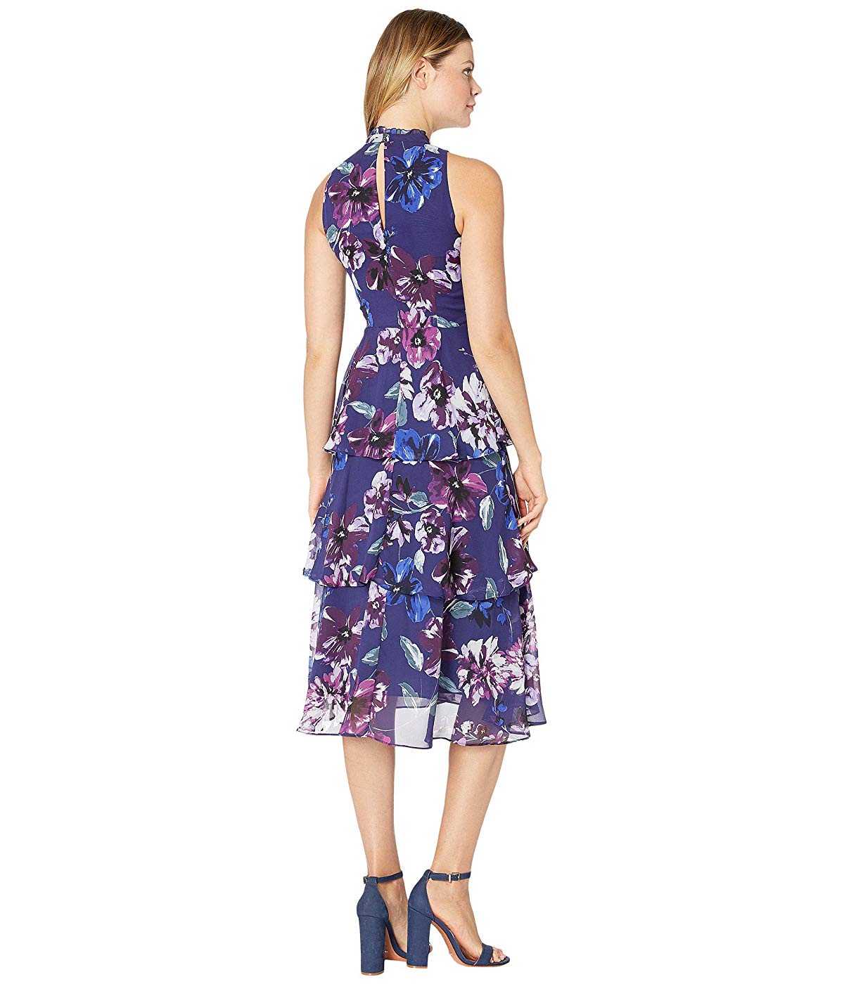 Vince Camuto Women's Printed Chiffon High Neck MIDI Dress Blue Size 10