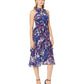 Vince Camuto Women's Printed Chiffon High Neck MIDI Dress Blue Size 10