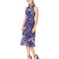 Vince Camuto Women's Printed Chiffon High Neck MIDI Dress Blue Size 10