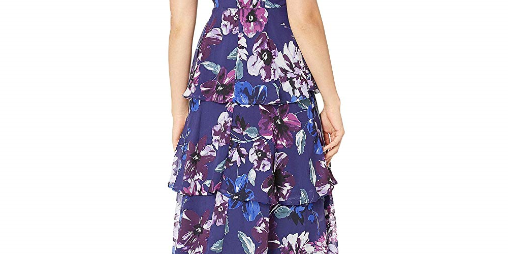 Vince Camuto Women's Printed Chiffon High Neck MIDI Dress Blue Size 10