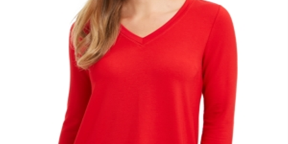 Charter Club Women's Kangaroo Pocket V Neck Pullover Top Red Size X-Large